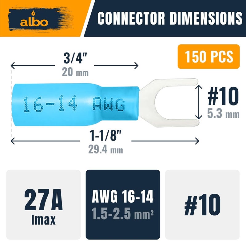 ALBO 150PCS Blue Heat Shrink Fork Spade Connectors #10 – 16-14 AWG Tinned Copper Terminals, Waterproof Wire Crimp Kit for Automotive, Marine, Speaker & Electrical Wiring - Image 2